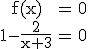 3$\rm\begin{tabular}f(x)&=&0\\1-\frac{2}{x+3}&=&0\end{tabular}